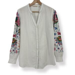 Soft Surroundings Floral Beaded Boho Gauze Button Shirt Size Medium V Neck